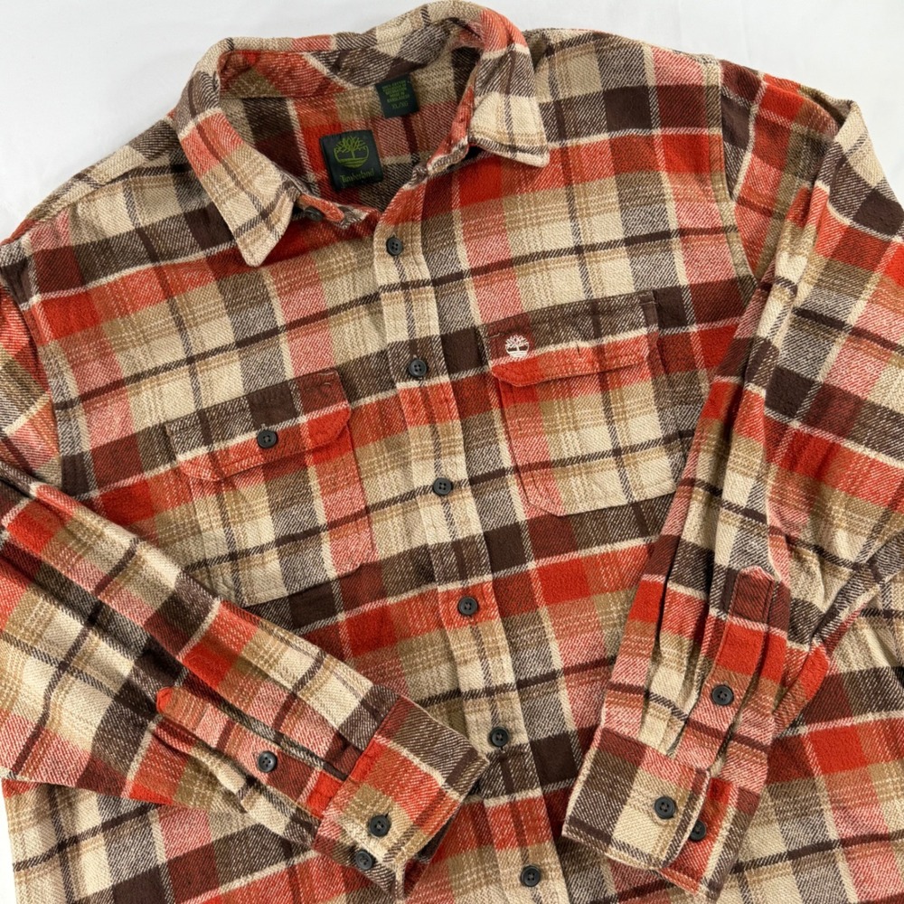 Timberland Mens XL Flannel Shirt Orange Brown Plaid Long Sleeve Button Down